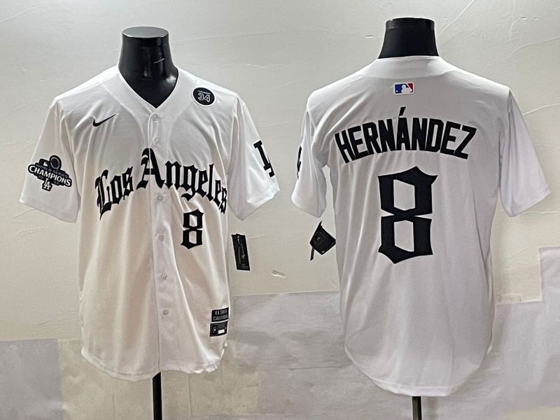Men 2025 Los Angeles Dodgers #8 Hernandez White Five generations Joint Name Nike MLB Jersey style 5186